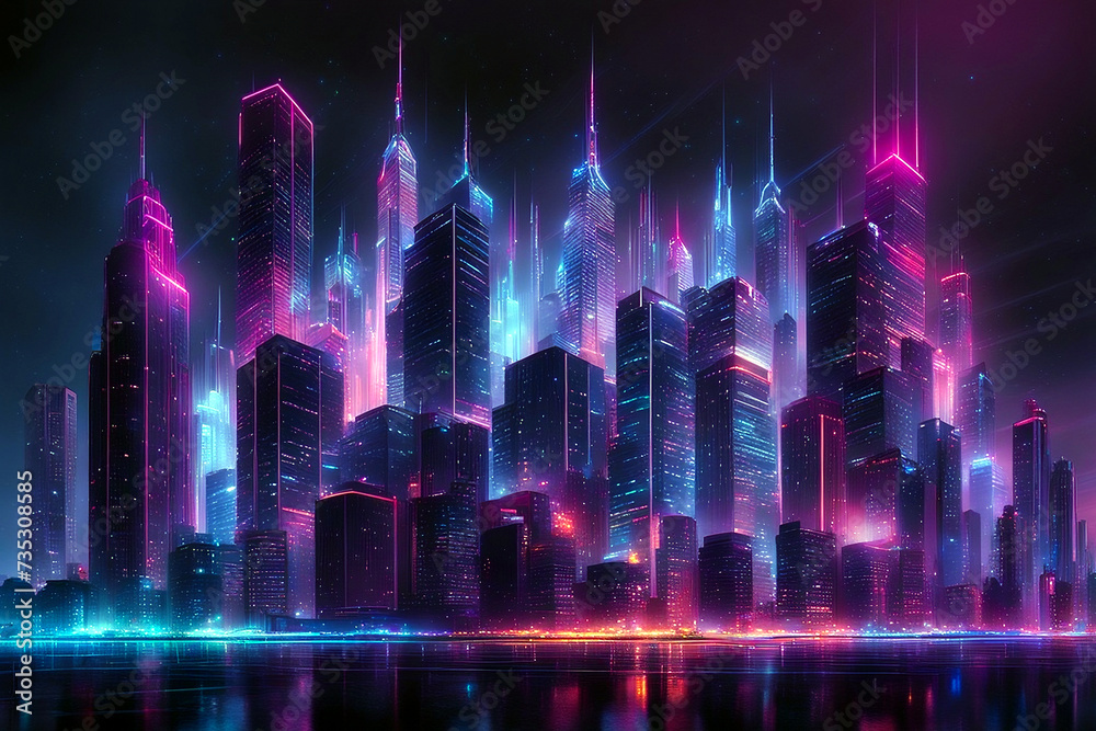 Futuristic cityscape at night with neon colors. smart city concept.