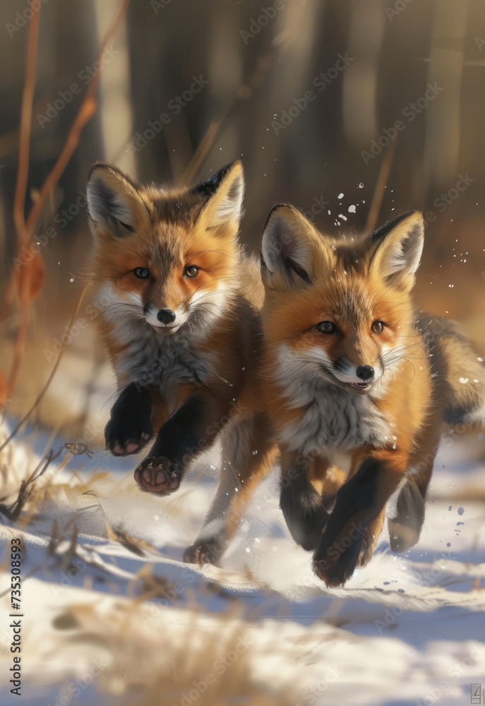 a couple of foxes running across a snow covered field with trees in the background of the picture and a blurry photo of the two of the same animal running in the foreground. a couple of foxes running across a snow covered field with trees in the background of the picture and a blurry photo of the two of the same animal running in the foreground.