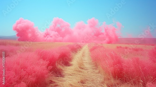 a dirt road that has pink smoke coming out of the top of it in the middle of a grassy field. photo