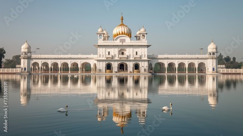 batch_At the edge of a tranquil lake, a grand palace rises from the water, its shimmering white marble reflecting the azure sky above. Elaborate archways and domes adorn the palace's façade  © Abbas