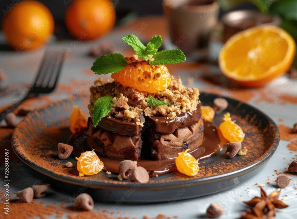 a plate topped with a dessert covered in chocolate and oranges next to a fork and a glass of orange juice.