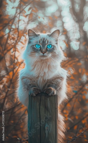 a cat with blue eyes sitting on top of a wooden post in front of a tree filled with orange leaves. photo