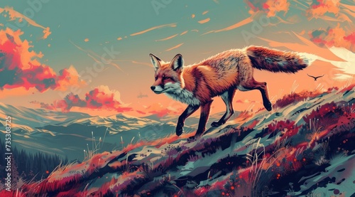 a painting of a fox on top of a hill with a bird flying over the top of the hill in the background. © Jevjenijs