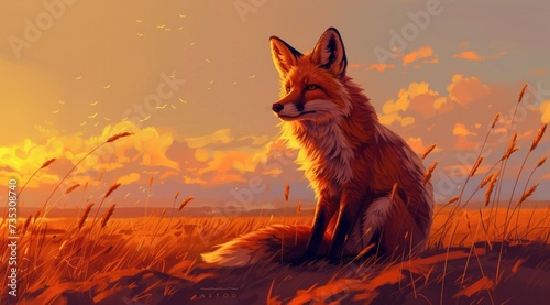 a painting of a fox sitting in a field of tall grass with the sun setting in the sky behind it.