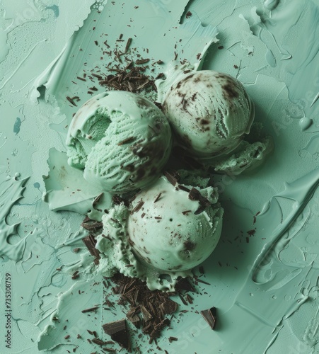 three scoops of ice cream with chocolate shavings on a mint green surface with a few pieces of chocolate shavings on top of the ice cream. photo