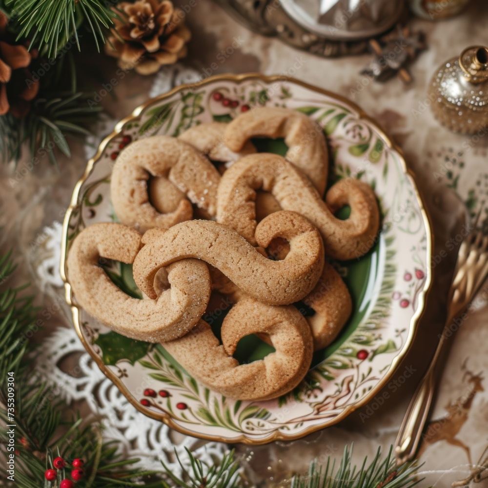 a plate of cookies sitting on top of a table next to a silver fork and a christmas ornament. a plate of cookies sitting on top of a table next to a silver fork and a christmas ornament.