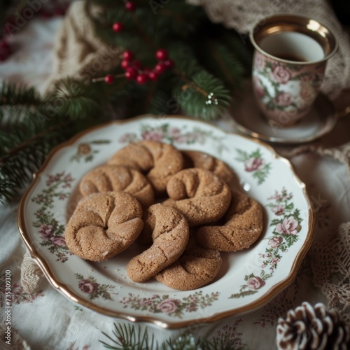 a plate of cookies sitting on a table next to a cup of coffee and a pine cone on a lace tablecloth. photo