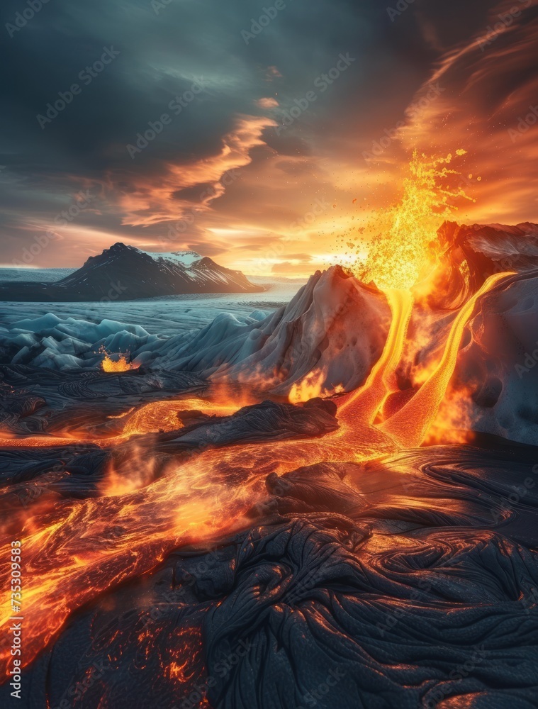 a computer generated image of a volcano with lava and lava in the foreground and a mountain in the background.