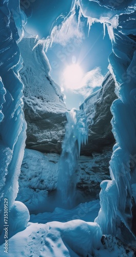 the sun shines through an ice cave with ice formations in the foreground and snow - covered mountains in the background. photo