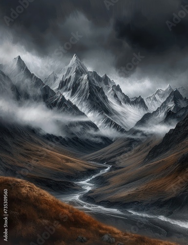 a painting of a mountain range with a river in the foreground and a cloudy sky in the back ground.