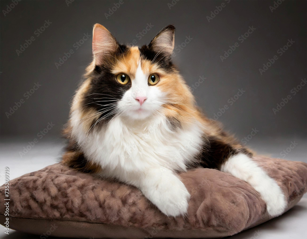 Calico Cat Laying on a Pillow Bed Calico Cat Laying on a Pillow Bed