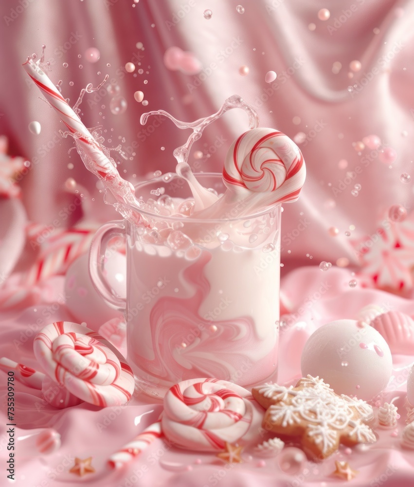 a cup filled with milk and candy canes on top of a bed of candy canes and marshmallows. a cup filled with milk and candy canes on top of a bed of candy canes and marshmallows.