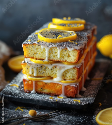 a close up of a cake on a plate with lemon slices on the top of it and drizzled with icing. photo