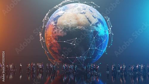 World covered in connections, crowd walking. Concept of globalization, interconnection, global networks, AI, technology, connected planet Earth 