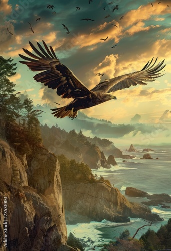 a painting of a bald eagle flying over a rocky cliff next to a body of water with birds flying over it. photo