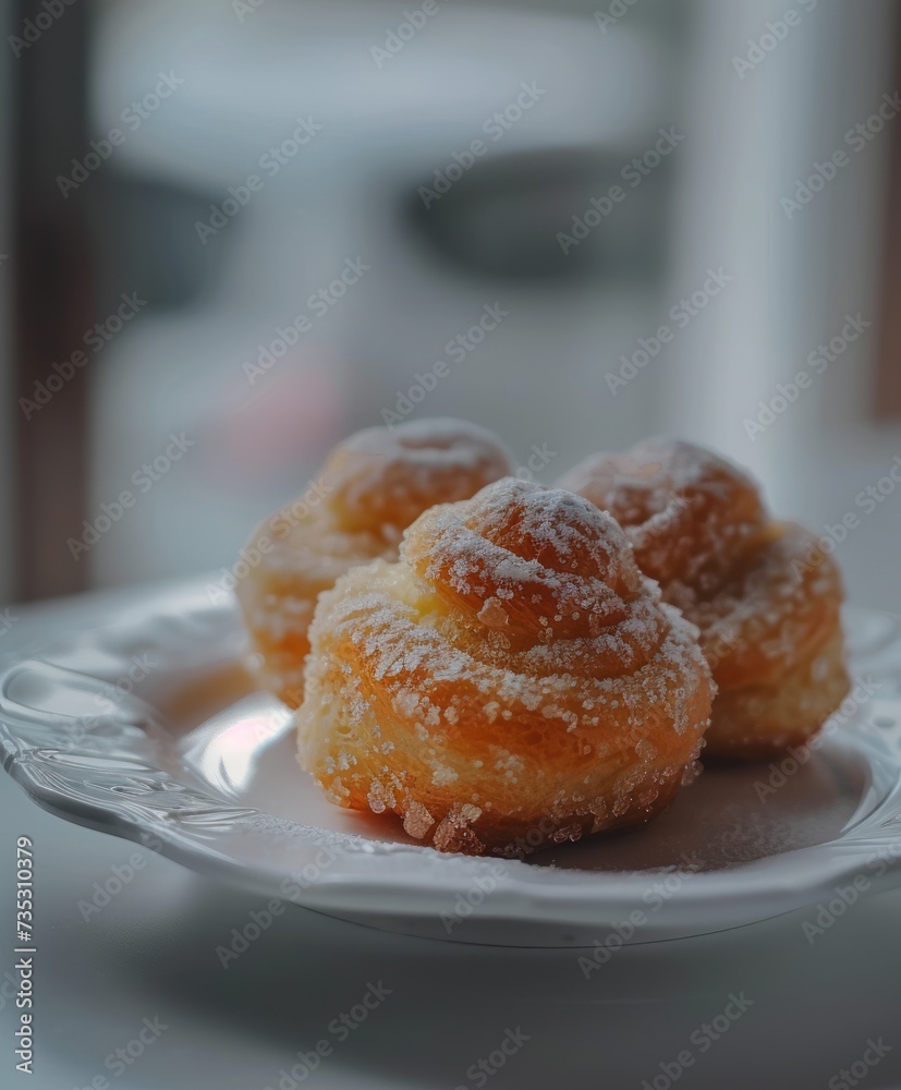 a couple of doughnuts sitting on top of a white plate on top of a table next to a window. a couple of doughnuts sitting on top of a white plate on top of a table next to a window.
