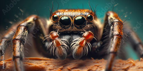 Close-up of spider with four eyes and hairy legs. Large tarantula looks at screen. Dangerous spider