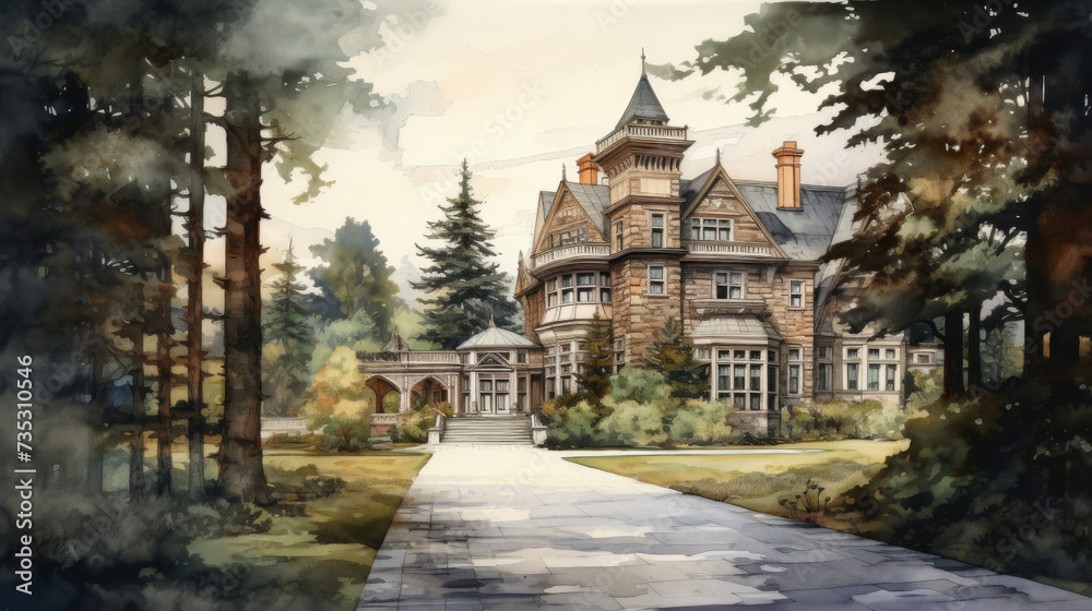 Victorian Mansion in a Forested Estate Watercolor Illustration