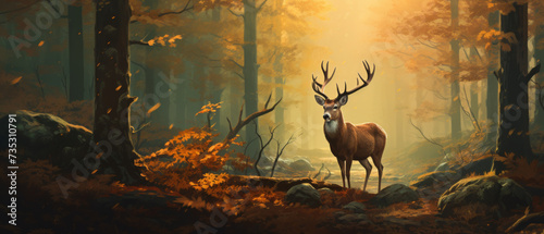 Deer Standing in a Misty Autumn Forest with Sunlight Filtering Through Trees © Priessnitz Studio