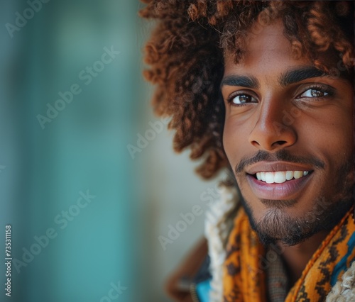 An African American man with a sweet smile poses in warm clothes. place for the text