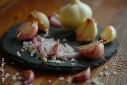 a black plate topped with sliced onions on top of a wooden table next to a pile of salt and pepper. photo