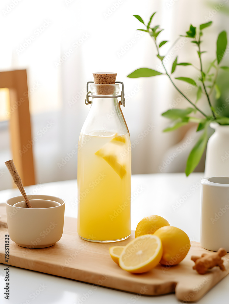 Homemade lemon ginger drink in a glass bottle on kitchen table, blurry bright background Homemade lemon ginger drink in a glass bottle on kitchen table, blurry bright background