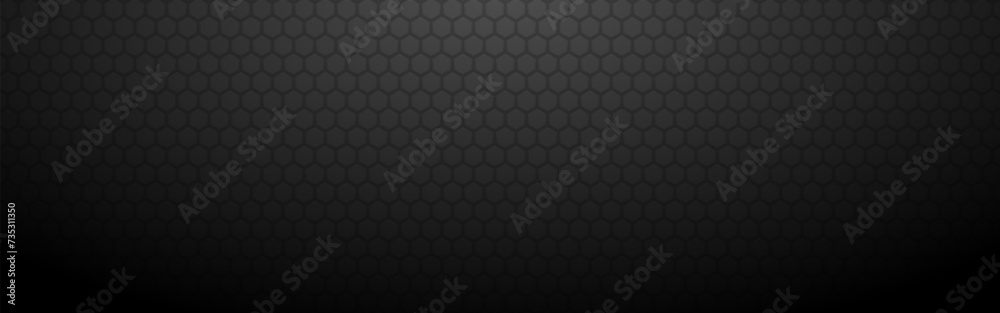 Hexagon dark background. Abstract industrial banner template. Black metal texture. Carbon 3d honeycomb. Wide fiber design. Modern tech wallpaper. Vector illustration Hexagon dark background. Abstract industrial banner template. Black metal texture. Carbon 3d honeycomb. Wide fiber design. Modern tech wallpaper. Vector illustration
