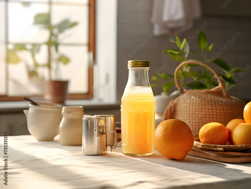 Homemade orange juice drink in a glass bottle on wooden table, blurry bright background 