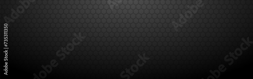 Hexagon dark background. Abstract industrial banner template. Black metal texture. Carbon 3d honeycomb. Wide fiber design. Modern tech wallpaper. Vector illustration