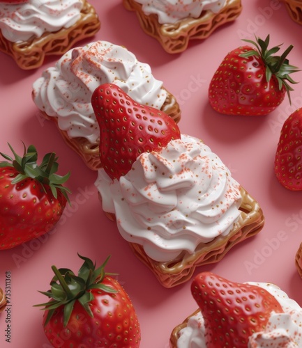a group of strawberry shortcakes with whipped cream and strawberries on a pink surface with a pink background. photo