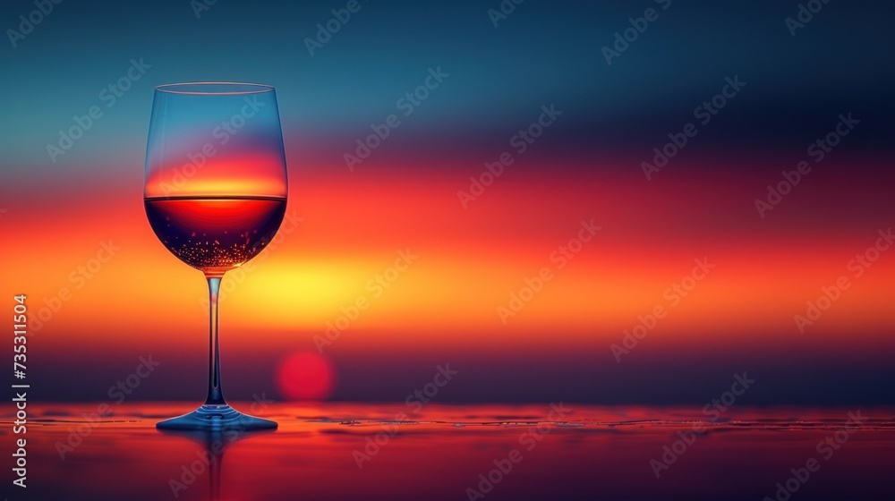a glass of wine sitting on top of a table next to an orange and blue sky with a sunset in the background.
