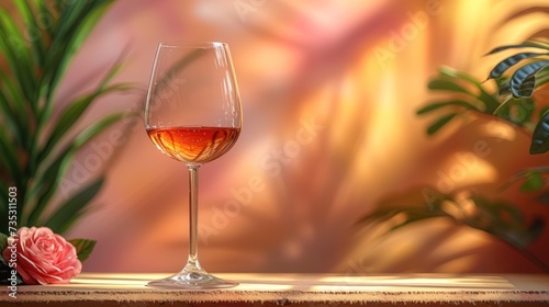 a glass of wine sitting on top of a table next to a vase with a pink flower on top of it.