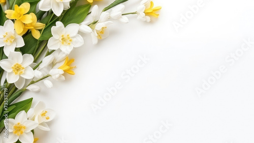 Spring composition of flowers daffodil bouquet, top view with space for copy space white background © ТаtyanaGG
