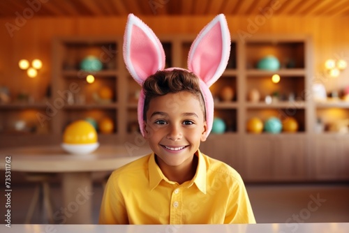 a young boy is holding an easter egg while wearing bunny ears