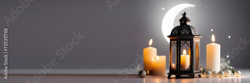 Eid al-Fitr  holy month of Ramadan  Laylat al-Qadr  Arab lantern fanus  crescent moon and stars  candles  shiny decorations  pastel shades  gray background  vertical banner  place for text