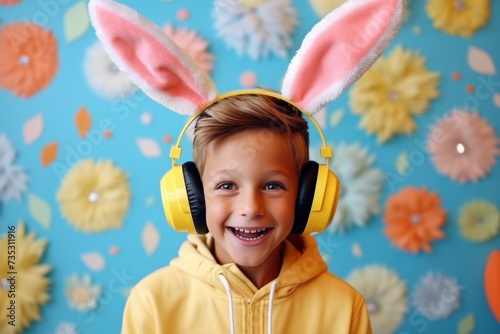 a young boy in bunny ears easter