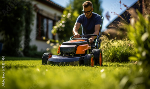 man mowing lawn in front garden with lawn mower