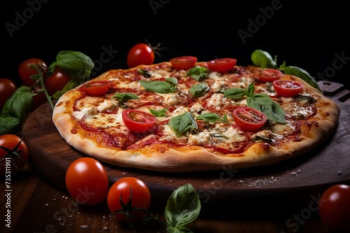a pizza with tomato slices, mozzarella cheese and garnish