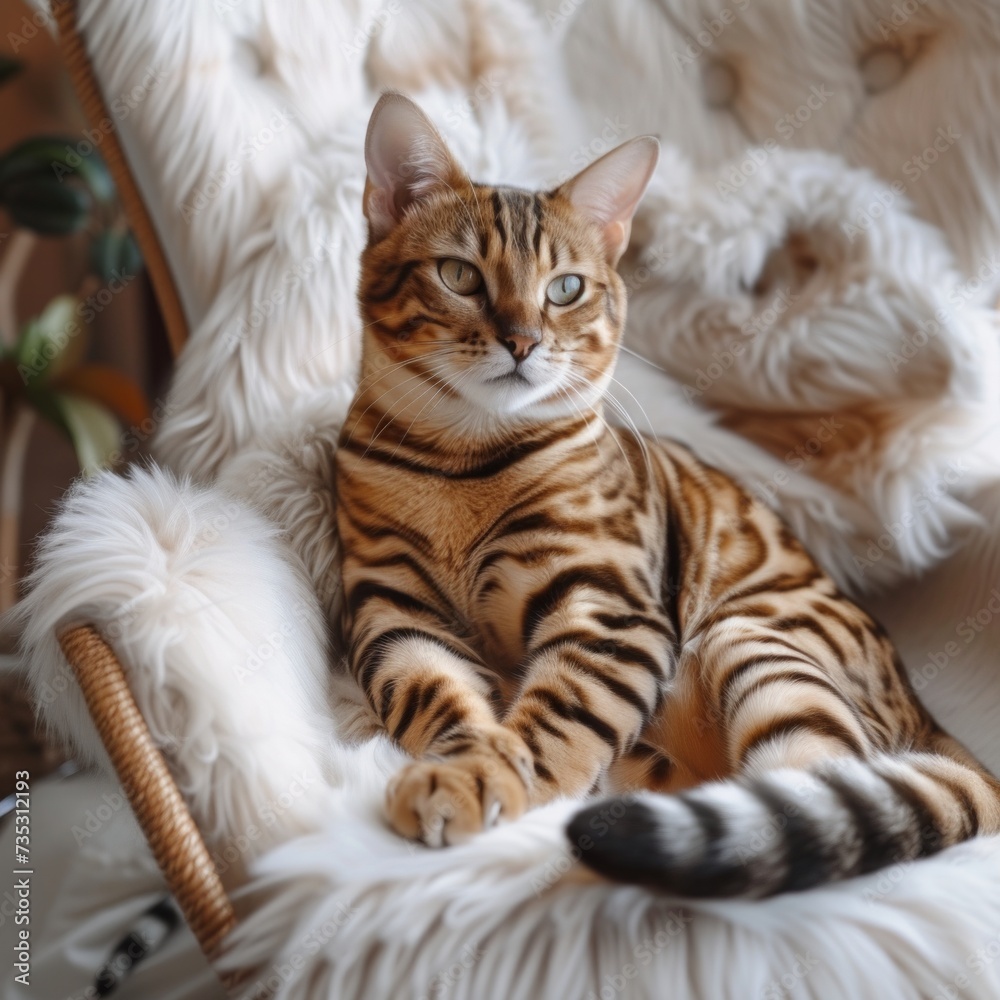 A fat spotted Bengal cat sits on a white fluffy chair and looks at the camera
