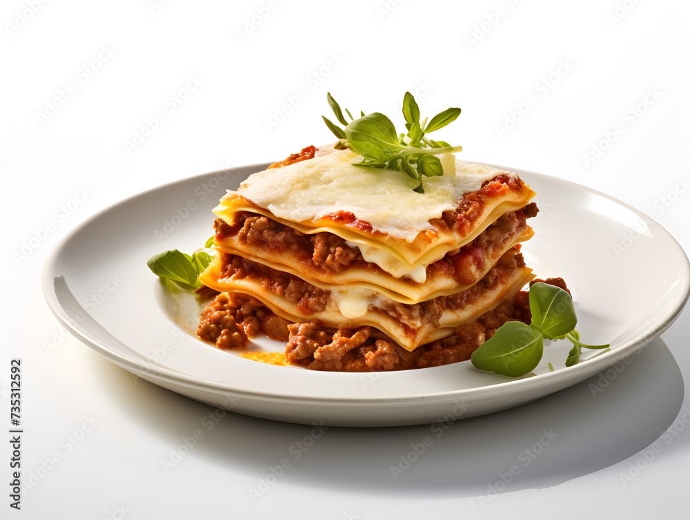 A piece of homemade vegetarian lasagne with soy meat and cream cheese on white plate, white background 