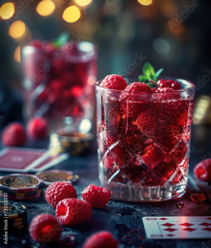a glass filled with ice and raspberries next to a deck of playing cards and a bottle of alcohol.