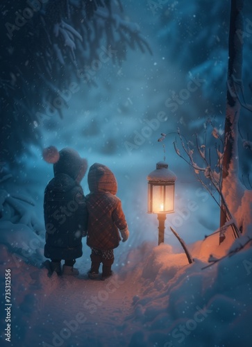 a couple of people standing next to a lamp on a snow covered road in the middle of a forest at night. photo