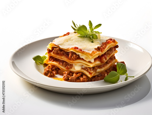 A piece of homemade vegetarian lasagne with soy meat and cream cheese on white plate, white background 