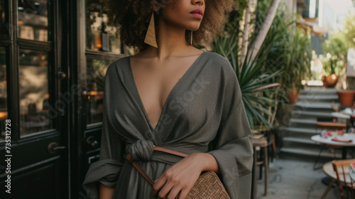 A flowy wrap dress made from recycled polyester paired with a cork clutch and sustainably sourced statement earrings. A beautiful and ecofriendly outfit for a romantic dinner