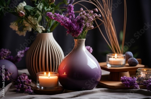 a diffuser sitting next to a set of candles and flowers