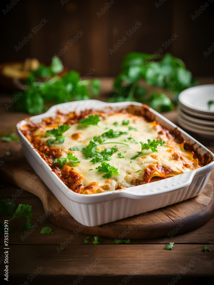 Homemade vegetarian lasagne with soy meat and cheese in a baking dish on kitchen table, blurry background 