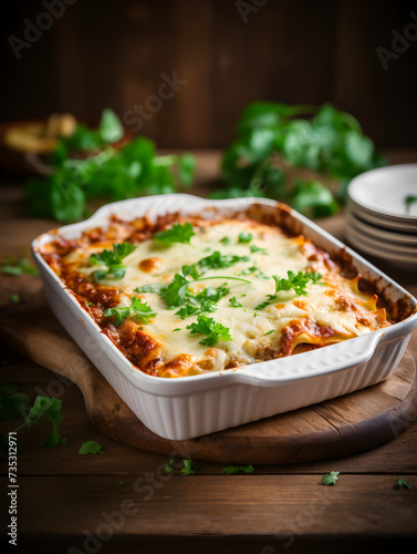 Homemade vegetarian lasagne with soy meat and cheese in a baking dish on kitchen table  blurry background 