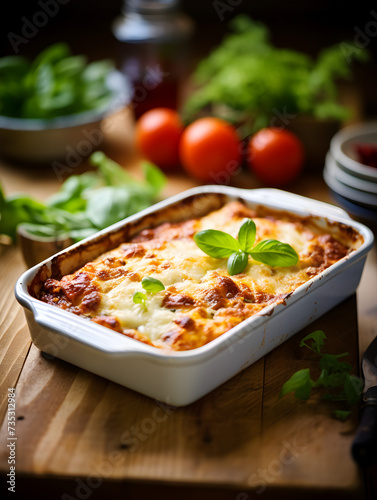 Homemade vegetarian lasagne with soy meat and cheese in a baking dish on kitchen table, blurry background 