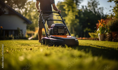 person mowing grass with an orange lawn mower