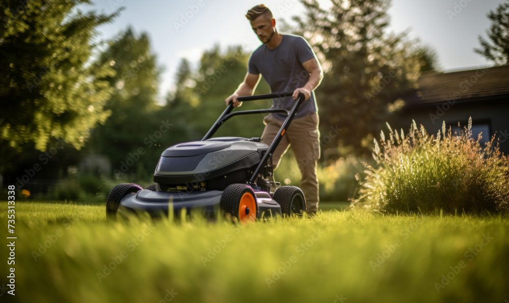 person mowing grass with an orange lawn mower person mowing grass with an orange lawn mower